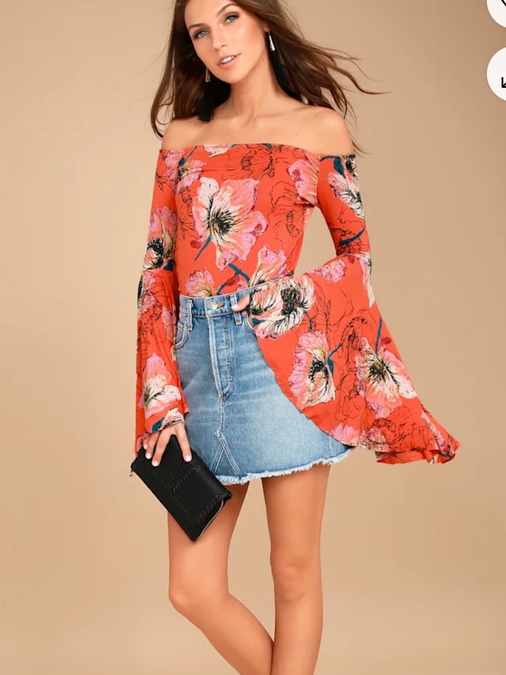 Free People Birds of Paradise Coral Orange Floral flared sleeve Print Top size M